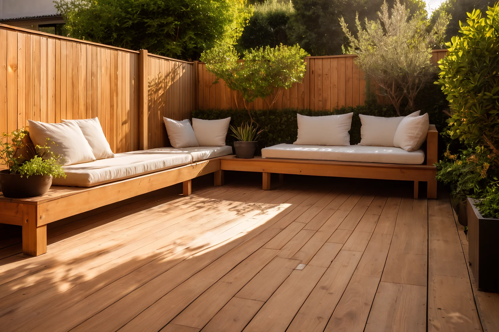 Neu gebaute Holzterrasse mit passendem Sichtschutzzaun im warmen Licht