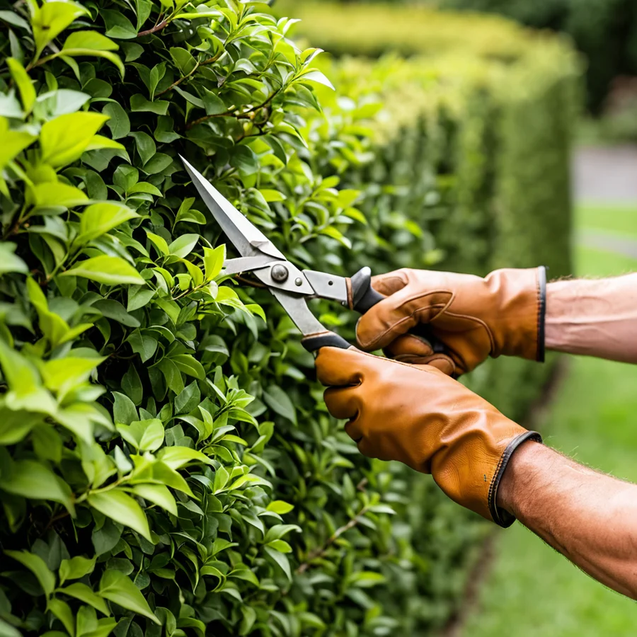 Hände mit Gartenhandschuhen beim Heckenschnitt mit einer Handschere